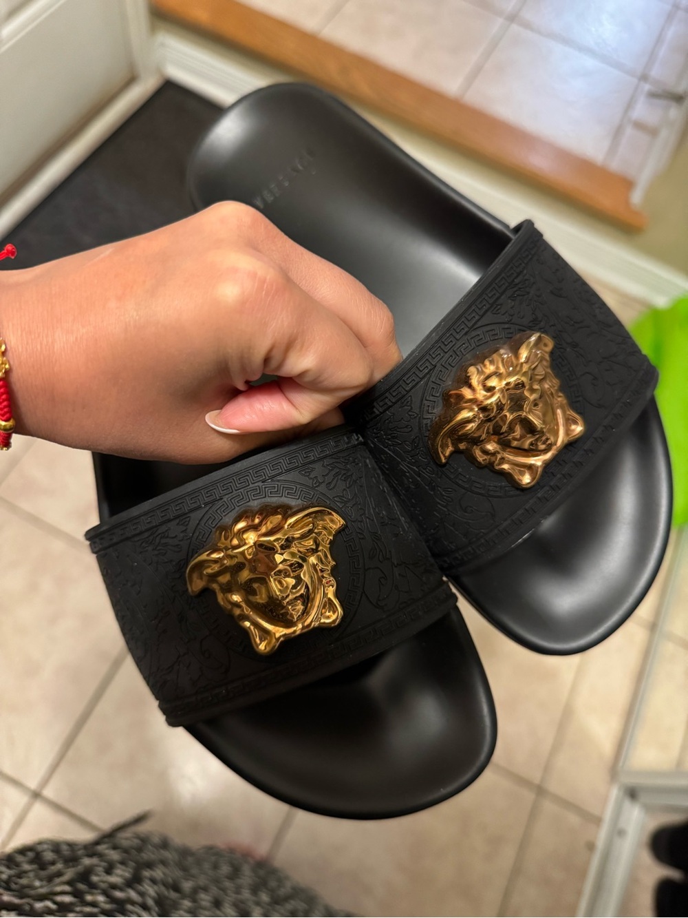 Black Versace Women’s Slide Sandals with Gold Medusa Emblem